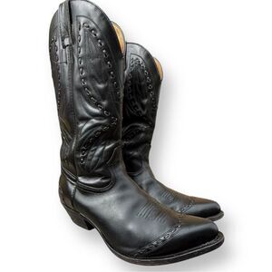 Boulet Classic Black Leather Pointed Toe Western Cowboy Boots